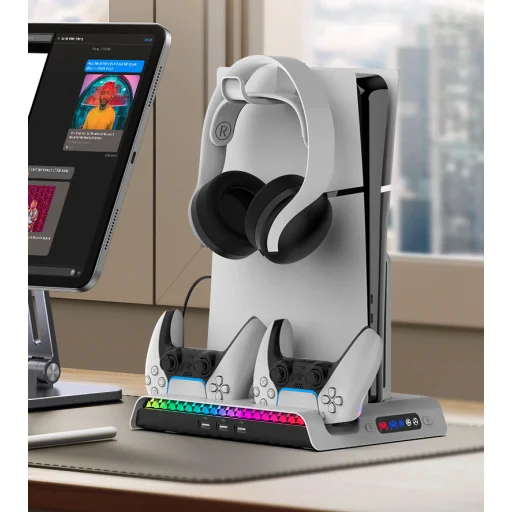 iPega P5S006 multifunkčná nabíjacia stanica s RGB chladením pre PS5 Slim biela (poškodený obal) - 8