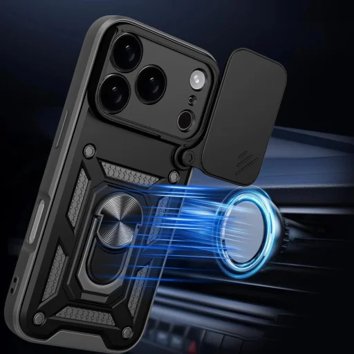  iPhone 17 Pro Max fekete Hybrid Armor Camshield páncélos tok állvánnyal és kameravédővel - 3
