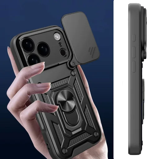  iPhone 17 Pro Max fekete Hybrid Armor Camshield páncélos tok állvánnyal és kameravédővel - 4