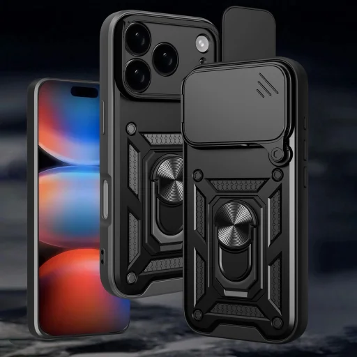  iPhone 17 Pro Max fekete Hybrid Armor Camshield páncélos tok állvánnyal és kameravédővel - 9