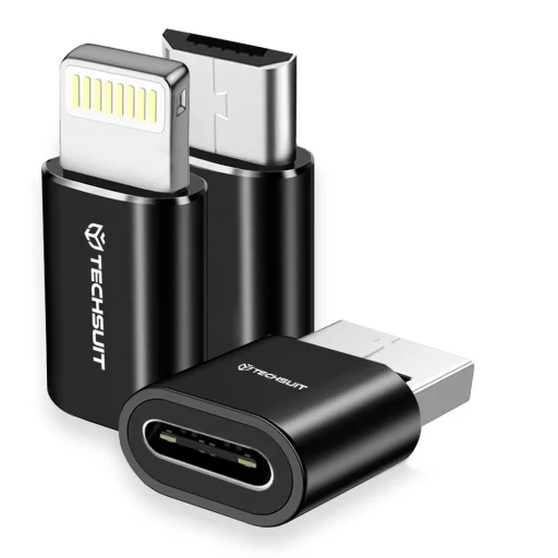 Techsuit - Prémium OTG Adapter TriFlashX (A19) - 3x Type-C csatlakozó Type-C/Micro-USB/Lightning csatlakozókhoz, Plug & Play, Alumínium ötvözet - Fekete. - 1