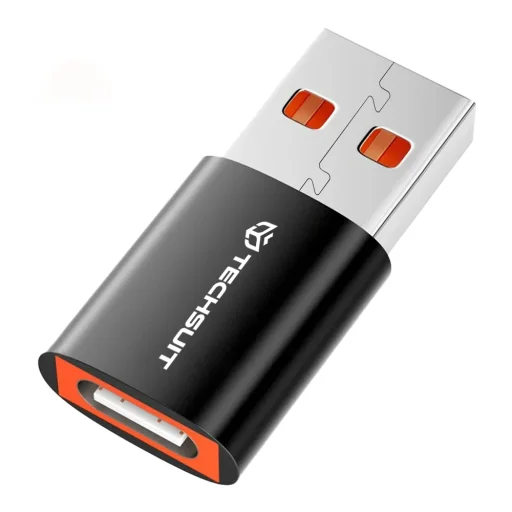 Techsuit - OTG Adapter HyperPort (A5) - USB 3.0 Férfi csatlakozó Type-C Női csatlakozóval, 6A, 5Gbps, Gyors adatátvitel - Fekete / Narancssárga - 1