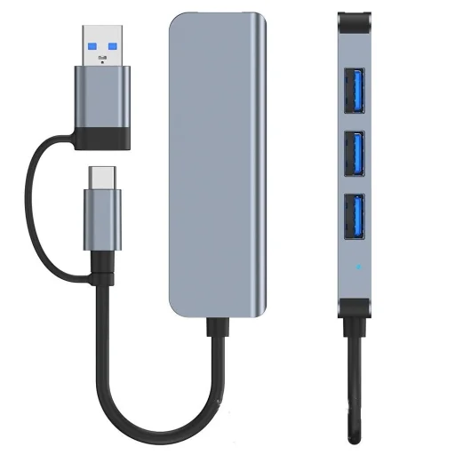 Techsuit - DataBridge 4 az 1-ben dokkolóállomás (H8) - USB, Type-C csatlakozóból USB 3.0, 3x USB 2.0 - Szürke. - 2