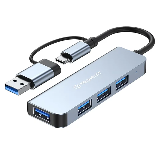 Techsuit - DataBridge 4 az 1-ben dokkolóállomás (H8) - USB, Type-C csatlakozóból USB 3.0, 3x USB 2.0 - Szürke. - 1