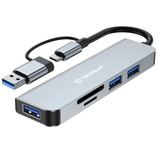 Techsuit - 5 az 1-ben adatátviteli dokkolóállomás (H7) - USB, Type-C-ről USB 3.0-ra, 2x USB 2.0, SD/TF kártya - Szürke. - 1