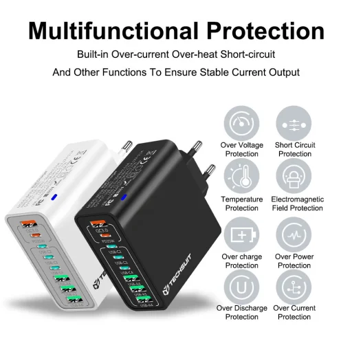 Techsuit - Fali töltő (CHPD224) - 4 x USB, 4 x Type-C, Gyors töltés, 65W - Fehér. - 7