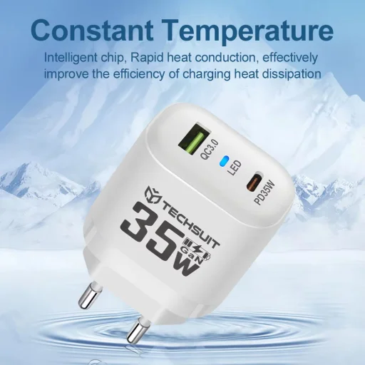 Techsuit - Prémium fali töltő (CHPD174) - GaN, USB QC3.0, Type-C PD35W - Fehér - 5