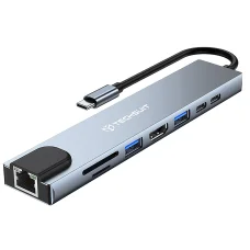 Techsuit - Dokkoló állomás NetBridge 8 az 1-ben (H2) - Type-C 2x Type-C, 2x USB, HDMI, RJ45, TF/SD, 4K@30Hz, PD87W - Szürke.