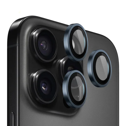 Blueo - Eredeti Fém Keretes Lencsevédő (3 darab) - iPhone 15 Pro - Kék üvegfólia - 1