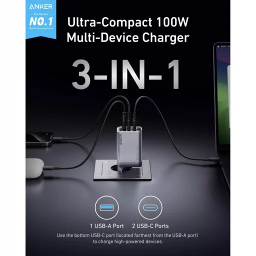 Anker Prime, 100W, 3A, 1 x USB-A - 2 x USB-C, Szürke A2688341 - 4