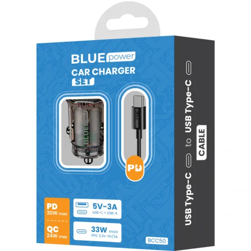 Autós töltő Blue Power BCC50, 33W, 3A, 1 x USB-A - 1 x USB-C, USB-C kábellel, Fekete - 4