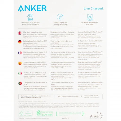 Fali Töltő Anker 312, 20W, 3A, 1 x USB-A - 1 x USB-C, Fehér A2348G21 - 5