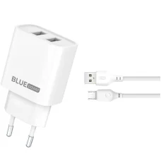 Blue Power BPCE02M hálózati töltő, 10.5W, 2.1A, 2 x USB-A, microUSB kábellel, fehér