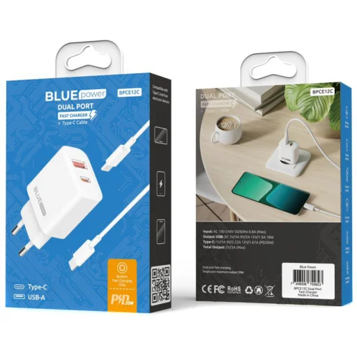 Fali töltő Blue Power BPCE12C, 20W, 3A, 1 x USB-A - 1 x USB-C, USB-C kábel, Fehér - 3