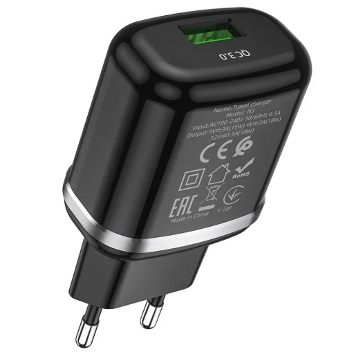 Hálózati USB-A töltő adapter Hoco N3, 18W, 3A, 1 x USB-A, Fekete - 3