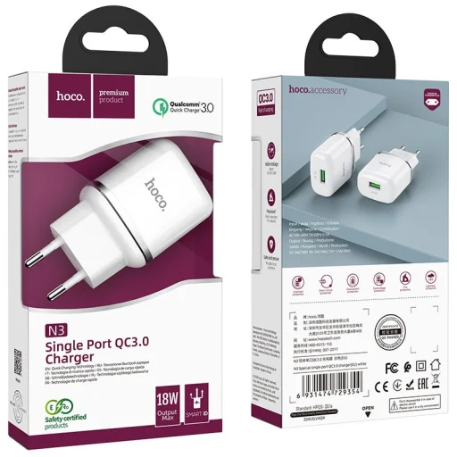 Fali töltő Hoco N3, 18W, 3A, 1 x USB-A, fehér - 7