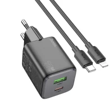 Fali töltő Hoco N41, 20W, 3A, 1 x USB-A - 1 x USB-C, Lightning kábellel, fekete
