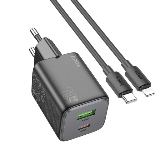Fali töltő Hoco N41, 20W, 3A, 1 x USB-A - 1 x USB-C, Lightning kábellel, fekete - 1