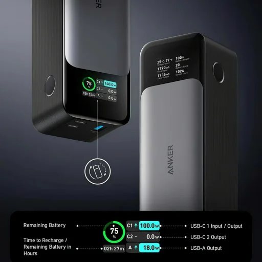 Anker 737 Powerbank, 24000mAh, 140W, QC + PD, Fekete A1289011 - 4