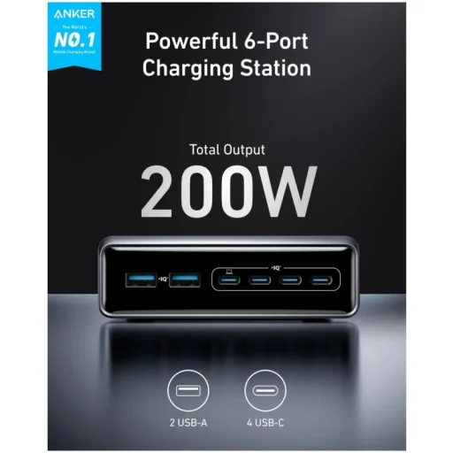 Anker Prime asztali töltő, 200W, 3A, 2 x USB-A - 4 x USB-C, Fekete - 2