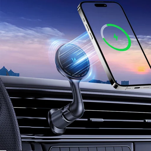 Wozinsky WCT5-6S4Y Autós Tartó Qi/MagSafe 15W Induktív Töltővel Szellőzőrácshoz - Fekete - 4