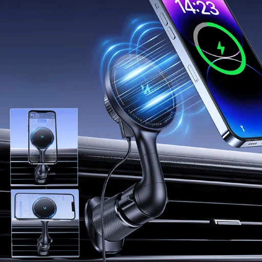 Wozinsky WCT5-6S4Y Autós Tartó Qi/MagSafe 15W Induktív Töltővel Szellőzőrácshoz - Fekete - 5