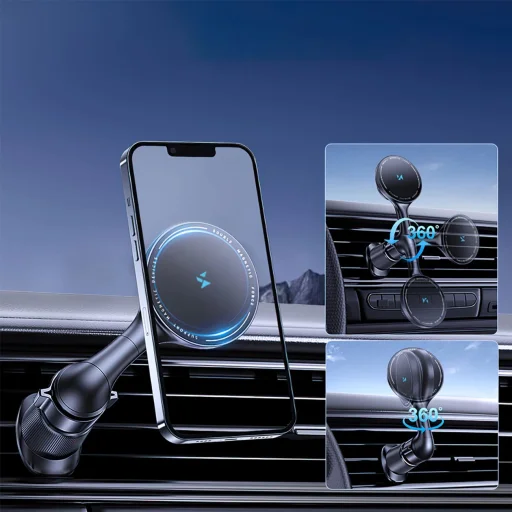 Wozinsky WCT5-6S4Y Autós Tartó Qi/MagSafe 15W Induktív Töltővel Szellőzőrácshoz - Fekete - 6