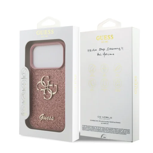  iPhone 17 Pro Pink Guess PU Glitter 4G Fém Logó tok - 7