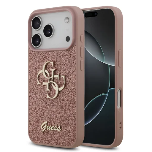  iPhone 17 Pro Pink Guess PU Glitter 4G Fém Logó tok - 1