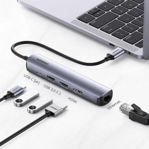 USB-C Hub UGREEN CM418 (10919), 2 x USB-A 3.0 - 1 x USB-C - 1 x HDMI - 1 x RJ45, Szürke - 2