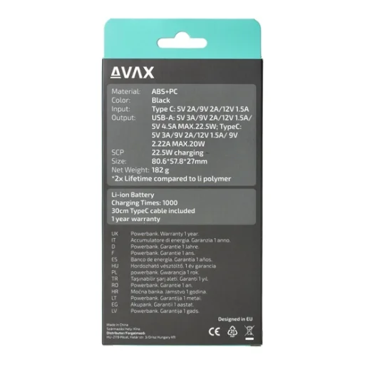 CHG AVAX PB105B MINI PD/Type-C 20W gyorstöltő Powerbank 10.000mAh, fekete - 10