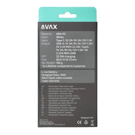 CHG AVAX PB105W MINI PD/Type-C 20W gyorstöltő Powerbank 10.000mAh, fehér - 10