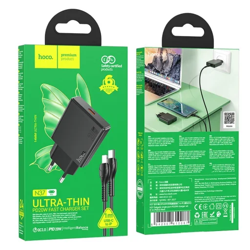 HOCO vékony fali töltő Type C + kábel Type C - Lightning PD QC 30W N37 fekete - 9
