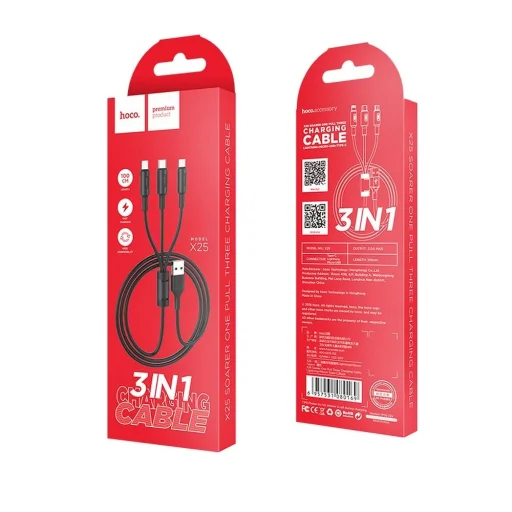 Kábel 3 az 1-ben USB A - Lightning / Micro USB / USB C Hoco 2A 1 m fekete - 6