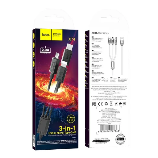 Kábel 3 az 1-ben USB A Lightning / Micro USB / USB C Hoco 2A X74 1 m fekete - 6