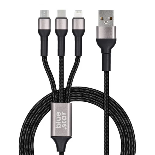 BLUE STAR fonott kábel 2,4A 3 az 1-ben USB A Lightning / Micro USB / Type C TFK-DC-010 1,2 m fekete - 2