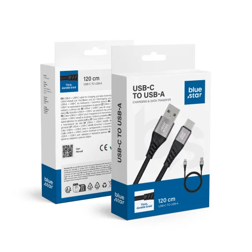 BLUE STAR fonott kábel 3A 20W USB A-tól Type C PD QC4.0 TFK-DC-003 1,2 m fekete - 1