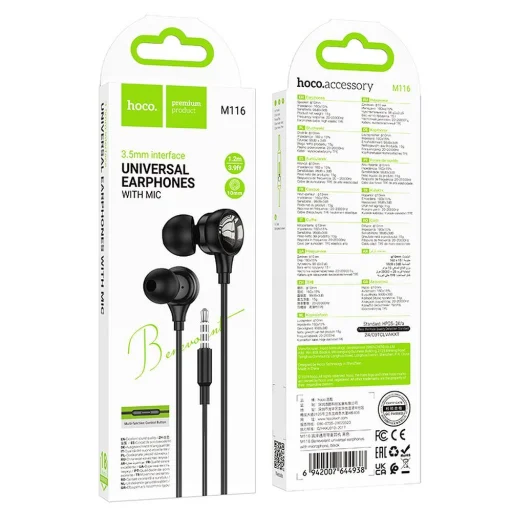 HOCO vezetékes fülhallgatók Jack 3,5 mm mikrofonnal M116 fekete - 5