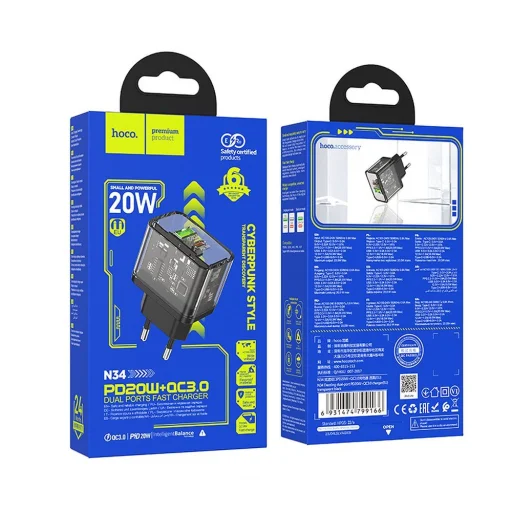 HOCO fali töltő USB A + Type C PD QC3.0 3A 20W N34 átlátszó - 9