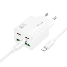 HOCO töltő 2 x Type C + 2 x USB A + kábel Type C Lightningra PD QC3.0 3A 30W N56 fehér