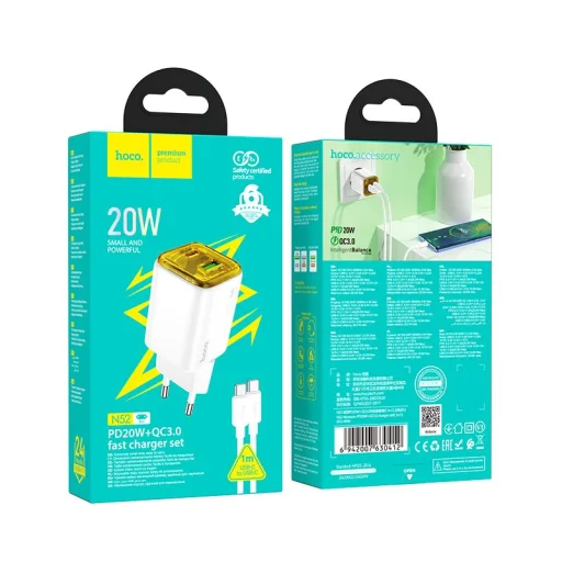HOCO fali töltő USB A + Type C + kábel Type C - Type C PD QC3.0 3A 20W N52 fehér - 5