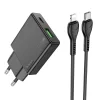 HOCO slim fali töltő USB A + USB-C csatlakozóval, valamint USB-C - Lightning kábellel PD QC3.0 3A 20W N38 fekete thumbnail
