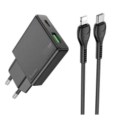 HOCO slim fali töltő USB A + USB-C csatlakozóval, valamint USB-C - Lightning kábellel PD QC3.0 3A 20W N38 fekete