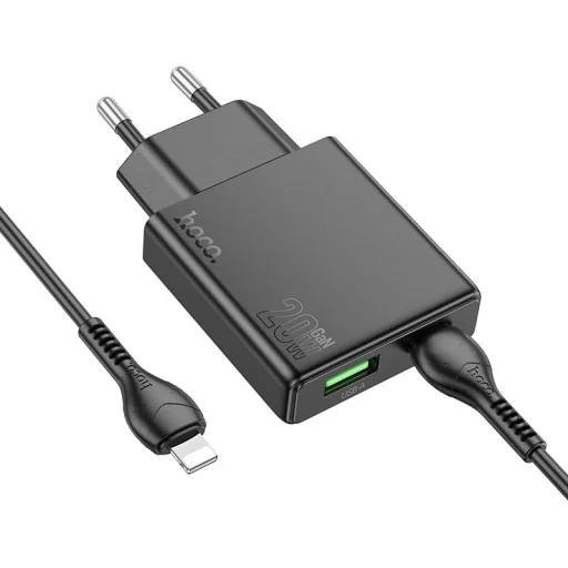HOCO slim fali töltő USB A + USB-C csatlakozóval, valamint USB-C - Lightning kábellel PD QC3.0 3A 20W N38 fekete - 3