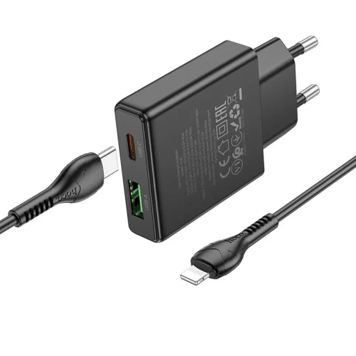 HOCO slim fali töltő USB A + USB-C csatlakozóval, valamint USB-C - Lightning kábellel PD QC3.0 3A 20W N38 fekete - 4