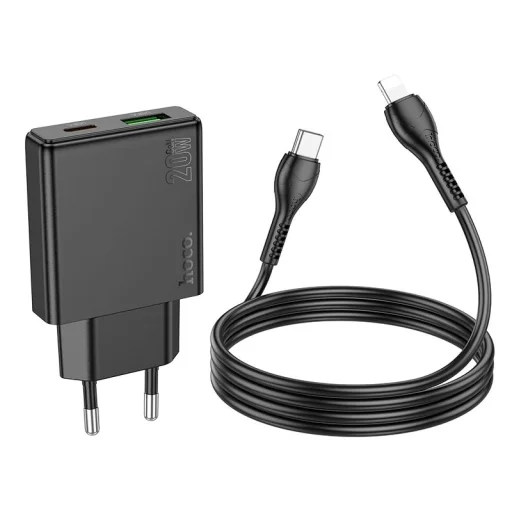 HOCO slim fali töltő USB A + USB-C csatlakozóval, valamint USB-C - Lightning kábellel PD QC3.0 3A 20W N38 fekete - 6