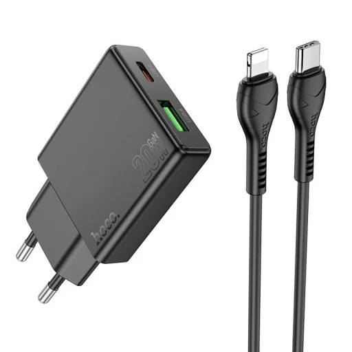 HOCO slim fali töltő USB A + USB-C csatlakozóval, valamint USB-C - Lightning kábellel PD QC3.0 3A 20W N38 fekete - 1