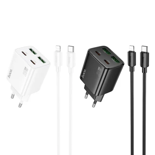 HOCO töltő 2 x Type C + 2 x USB A + kábel Type C - Lightning PD QC3.0 3A 20W N55 fehér - 3