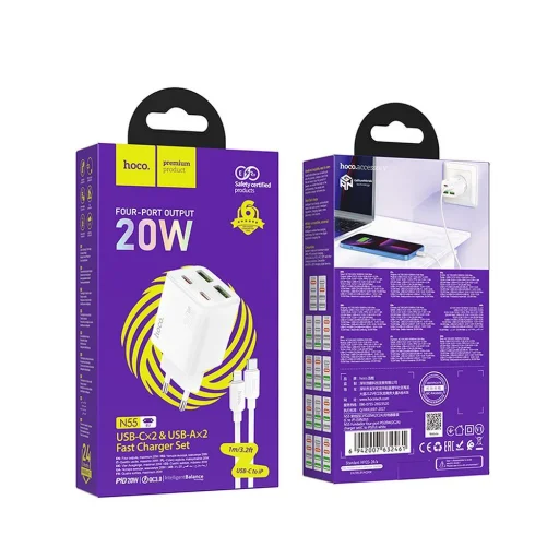 HOCO töltő 2 x Type C + 2 x USB A + kábel Type C - Lightning PD QC3.0 3A 20W N55 fehér - 5