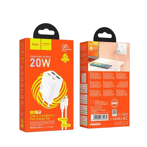 HOCO töltő 2 x Type C + 2 x USB A + kábel Type C to Type C PD QC3.0 3A 20W N55 fehér - 5